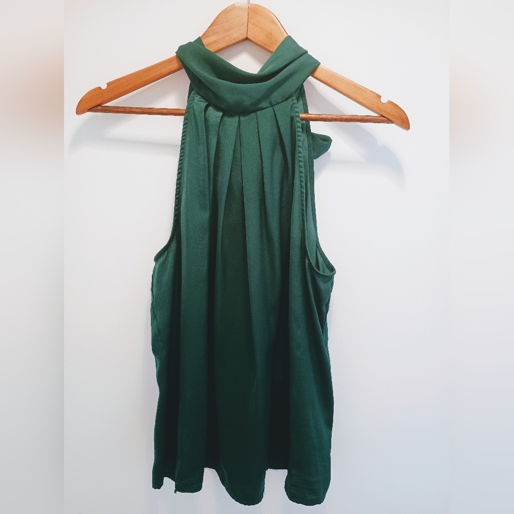 Banana Republic High Neck Bow Tie Forest Green Sleeveless Blouse